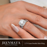 JeenMata 2.75 Carat Round Brilliant Cut Moissanite Double Halo Split Shank Engagement Ring Set in 18K White Gold Plated for Women