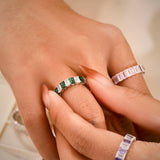 10 Carat Emerald Cut October Birthstone - Multicolor Eternity Wedding Band - Pink Tourmaline & Cubic Zirconia Rings in 18K White Gold Plating for Women