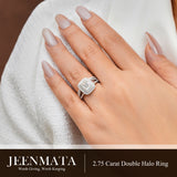 JeenMata 2.75 Carat Emerald Cut Moissanite Double Halo Split Shank Engagement Ring Set in 18K White Gold Plated for Women