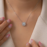 1 Carat Round Halo Moissanite Pendant Necklace - Vintage Inspired Pendant in 18K White Gold Plating for Women