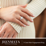 JeenMata 3 Carat Oval Cut Moissanite - Halo Engagement Ring in 18K White Gold Plating for Women