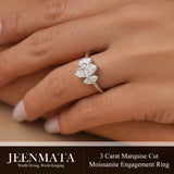 JeenMata 3 Carat Marquise Cut Moissanite Rings - Three Stone Engagement Rings in 18K White Gold Plating for Women