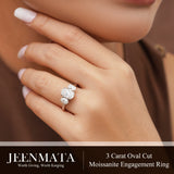 JeenMata 3 Carat Oval Cut Moissanite Rings - Three Stone Engagement Rings in 18K White Gold Plating for Women