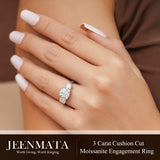JeenMata 3.5 Carat Cushion Cut Moissanite Rings - Three Stone Engagement Rings in 18K White Gold Plating for Women