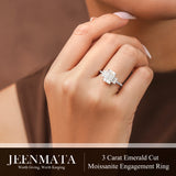 JeenMata 3.25 Carat Emerald Cut Moissanite Rings - Three Stone Engagement Rings in 18K White Gold Plating for Women