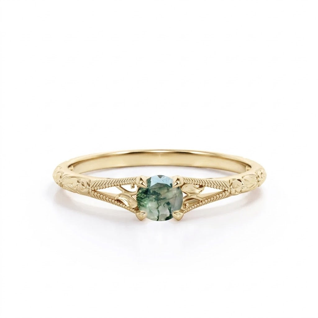 Filigree Solitaire 0.5 ct Round Moss Agate Engagement Ring
