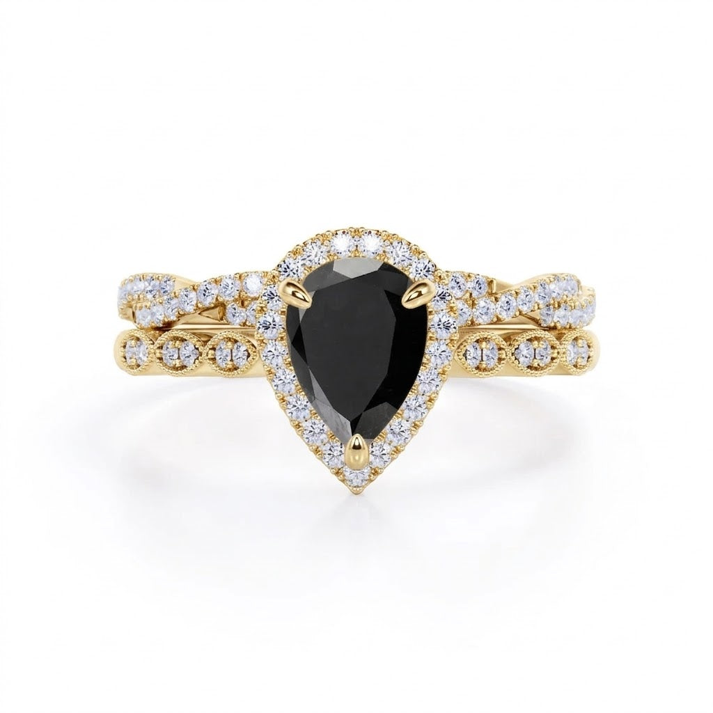1.50 ct Pear Lab Black Diamond Art Deco Wedding Ring Set