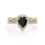 1.50 ct Pear Lab Black Diamond Art Deco Wedding Ring Set