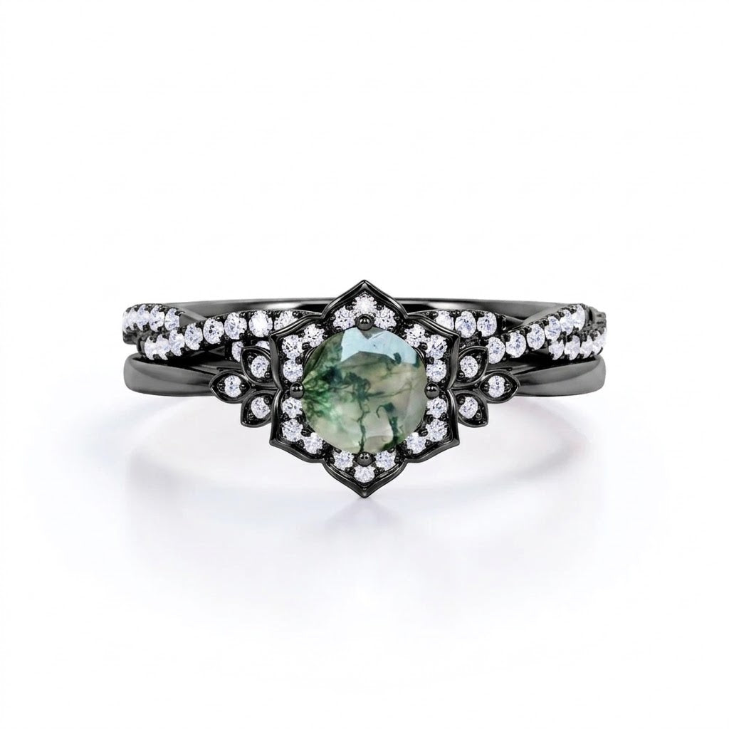 Vintage floral 1.25 Carat Round Moss Agate Bridal Set
