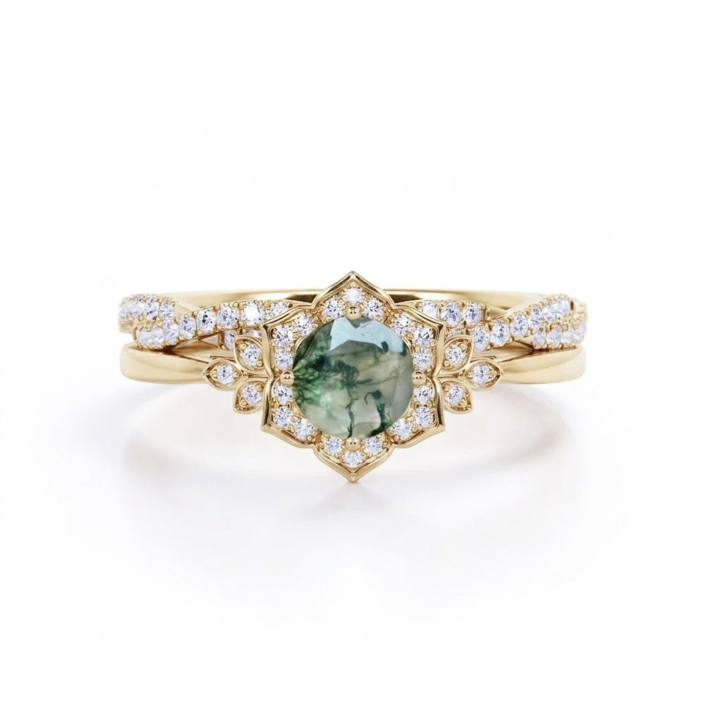 Vintage floral 1.25 Carat Round Moss Agate Bridal Set