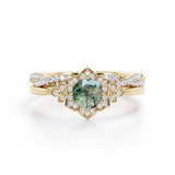 Vintage floral 1.25 Carat Round Moss Agate Bridal Set