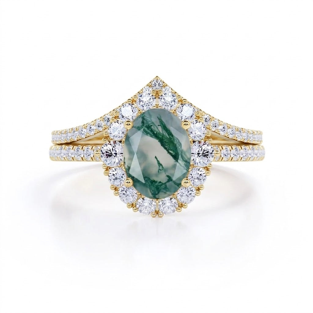 1.75 Carat Oval Cut Moss Agate Halo Bridal Set