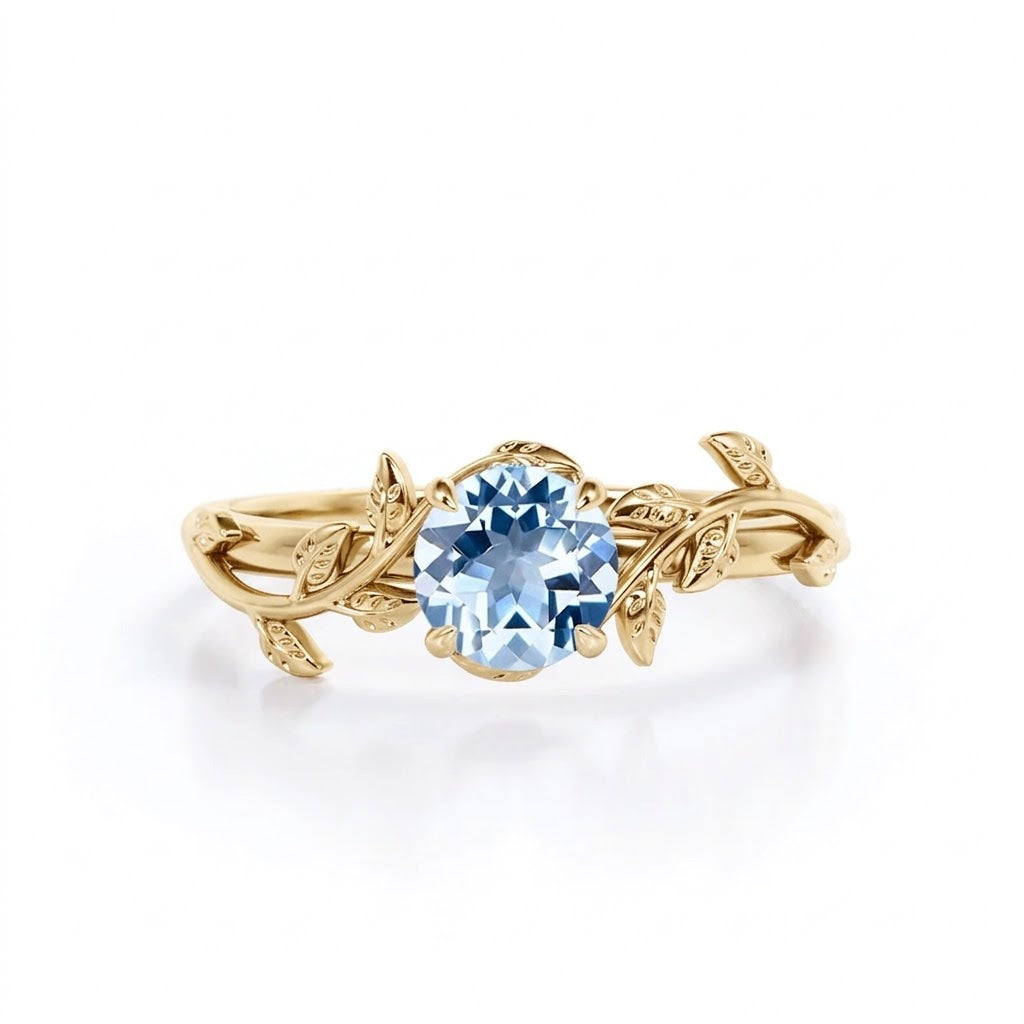 1 ct Round Aquamarine Vine Engagement Ring