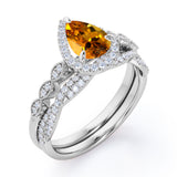 1.5 Carat Pear Cut November Birthstone Citrine and Moissanite Vintage Engagement Ring - Halo Pave Bridal Set in 18K White Gold Over Silver