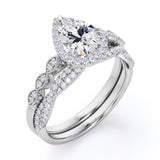 1.5 Carat Pear Cut April Birthstone Cubic Zirconia Vintage Engagement Ring - Halo Pave Bridal Set in 18K White Gold over Silver
