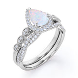 1.5 Carat Pear Cut Lab Created October Birthstone Opal and Moissanite Vintage Engagement Ring - Halo Pave Bridal Set in 18K White Gold Over Silver