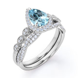 1.5 Carat Pear Cut March Birthstone Aquamarine and Moissanite Vintage Engagement Ring - Halo Pave Bridal Set in 18K White Gold over Silver