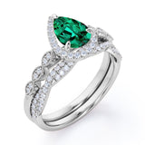 1.5 Carat Pear Cut May Birthstone Emerald and Moissanite Vintage Engagement Ring - Halo Pave Bridal Set in 18K White Gold over Silver