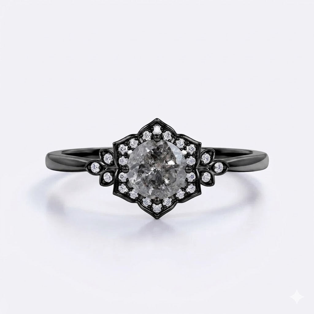 0.70 Ct Round Salt and Pepper Diamond Floral Engagement Ring