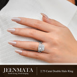 JeenMata 2.75 Carat Princess Cut Moissanite Double Halo Split Shank Engagement Ring Set in 18K White Gold Plated for Women