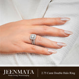 JeenMata 2.75 Carat Round Brilliant Cut Moissanite Double Halo Split Shank Engagement Ring Set in 18K White Gold Plated for Women