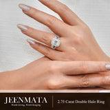 JeenMata 2.75 Carat Emerald Cut Moissanite Double Halo Split Shank Engagement Ring Set in 18K White Gold Plated for Women