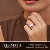 JeenMata 3 Carat Marquise Cut Moissanite Rings - Three Stone Engagement Rings in 18K White Gold Plating for Women