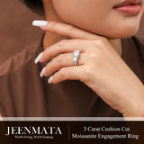 JeenMata 3.5 Carat Cushion Cut Moissanite Rings - Three Stone Engagement Rings in 18K White Gold Plating for Women