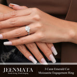 JeenMata 3.25 Carat Emerald Cut Moissanite Rings - Three Stone Engagement Rings in 18K White Gold Plating for Women