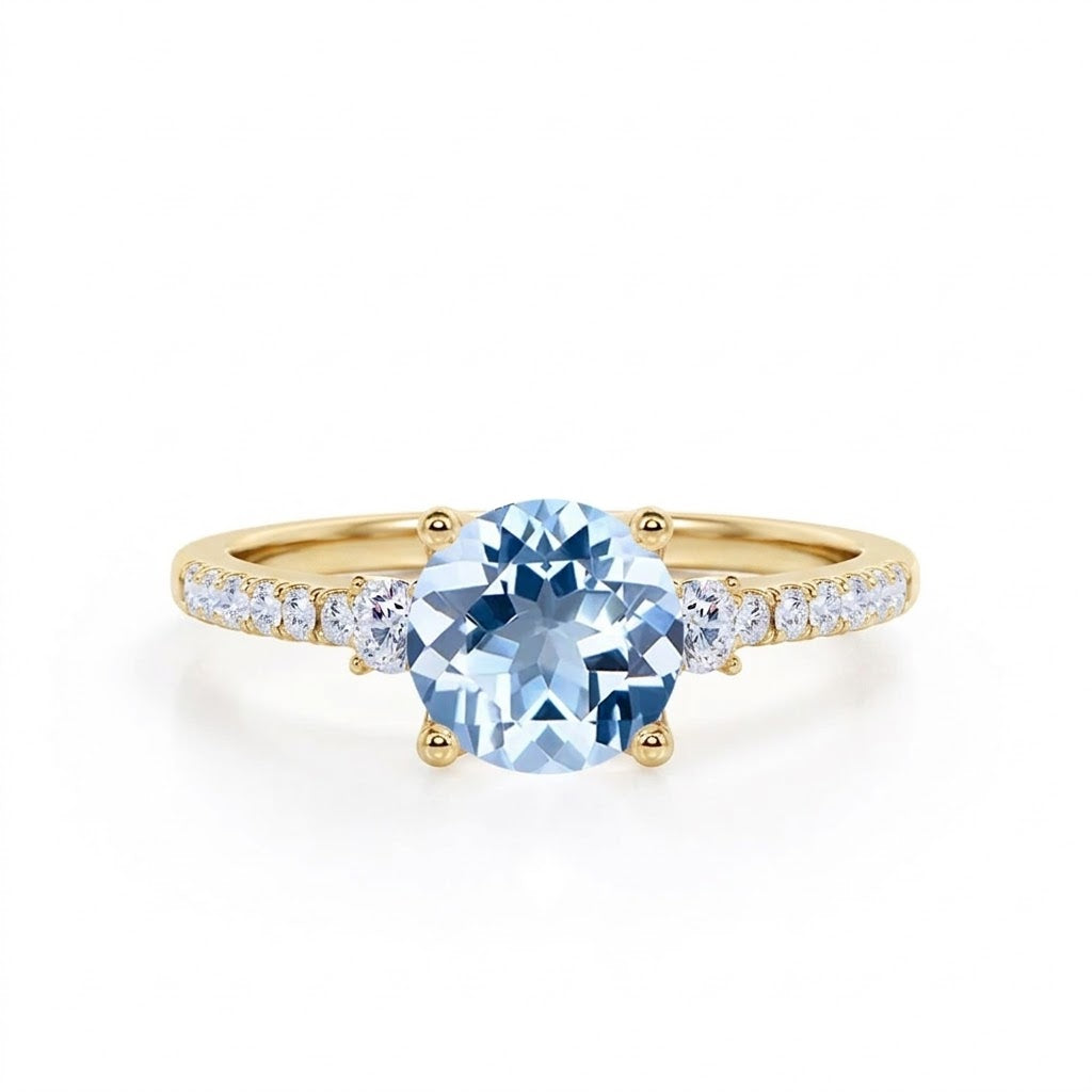 Three Stone 1.50 ct Round Aquamarine Pave Engagement Ring