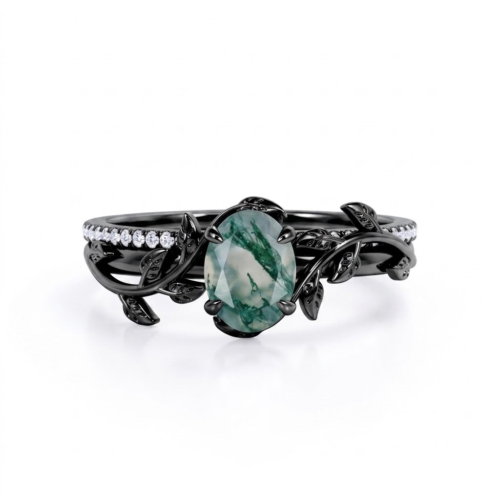Nature Inspired 1.25 Ct Oval Green Moss Agate Bridal Set
