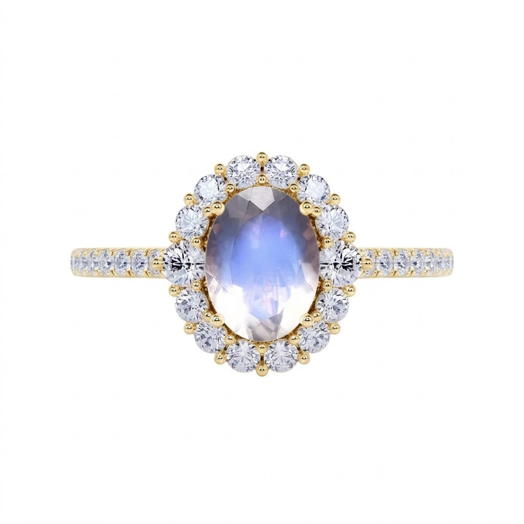 1.25 ct Oval Moonstone Halo Pave Engagement Ring