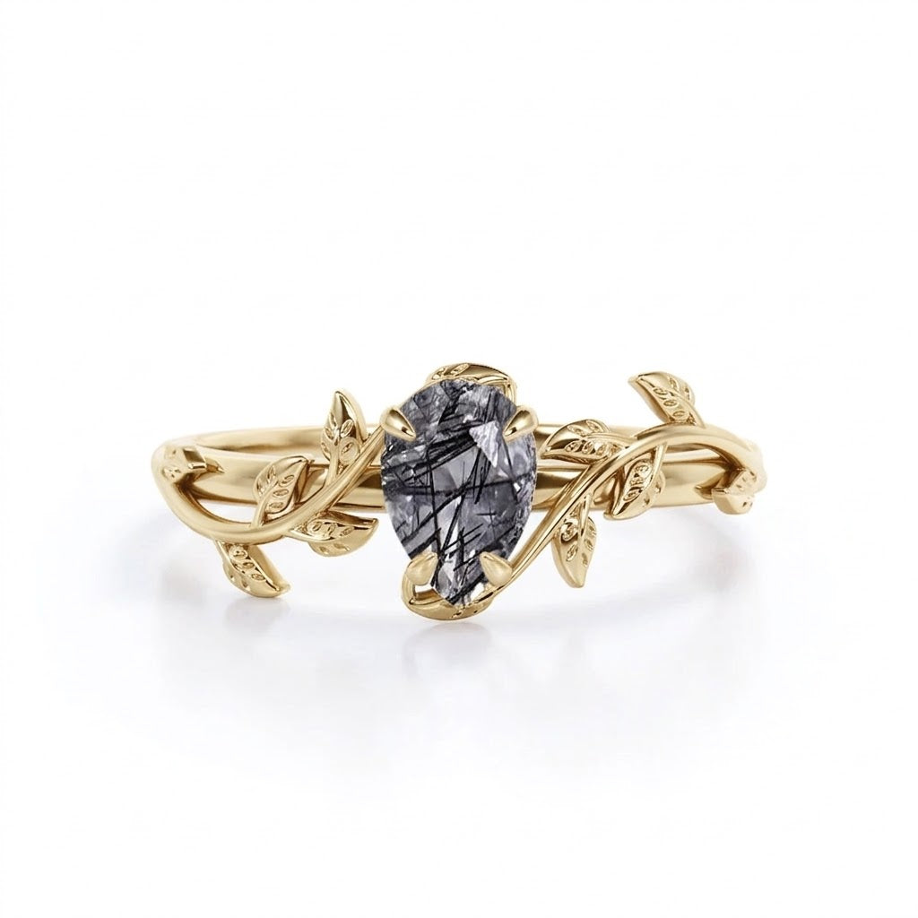 Leafy Design 1 ct Pear Black  Rutilated Quartz Engagement Ring