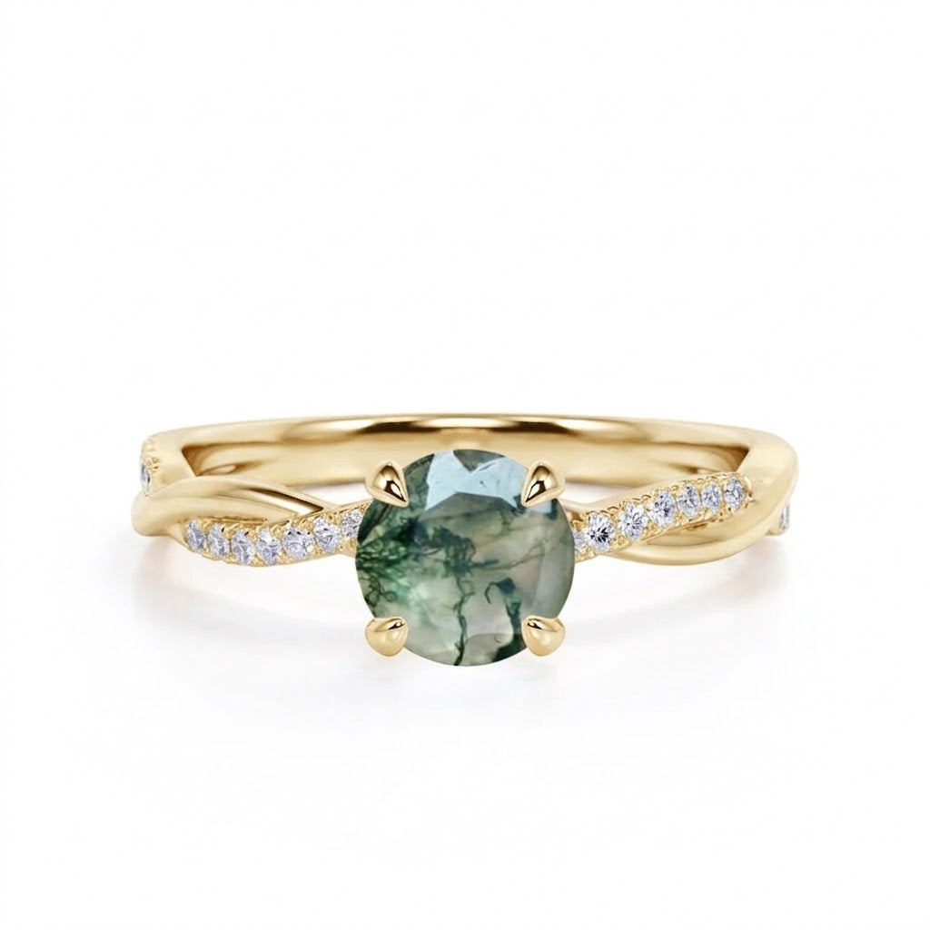 Twisted 1.10 Carat Round Green Moss Agate Engagement Ring