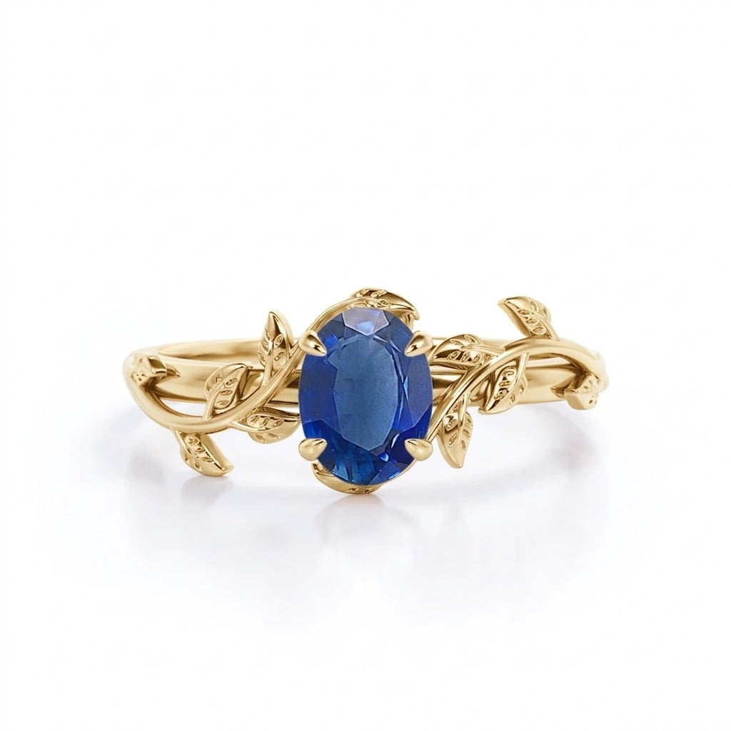 Leafy 1 Ct Oval Cut Lab Sapphire Engagement Ring
