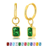 2 Carat Emerald Cut - Emerald - May Birthstone Bezel Huggie Hoop Earrings - 18K Yellow Gold Plating