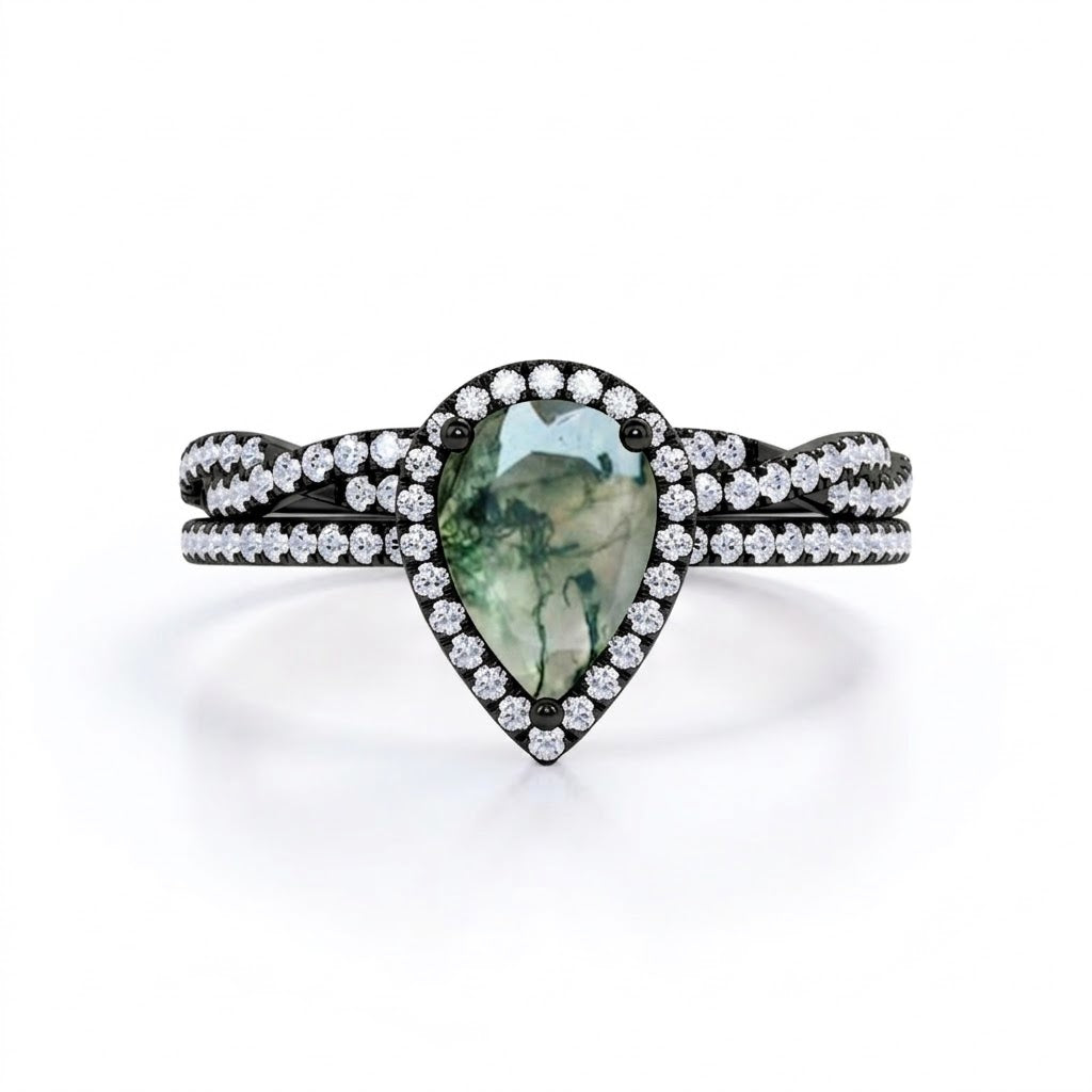 Halo Infinity 1.5 Carat Pear Cut Moss Agate Bridal Set