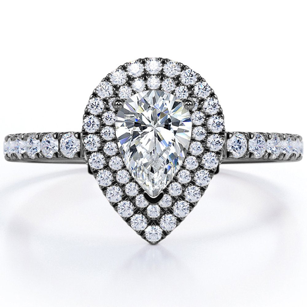 Certified Pave Style 1.25 Carat Pear-Shaped Moissanite Double Halo Cluster Engagement Ring in 18K Rose Gold Plating over Silver