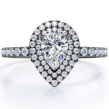 Certified Pave Style 1.25 Carat Pear-Shaped Moissanite Double Halo Cluster Engagement Ring in 18K Rose Gold Plating over Silver