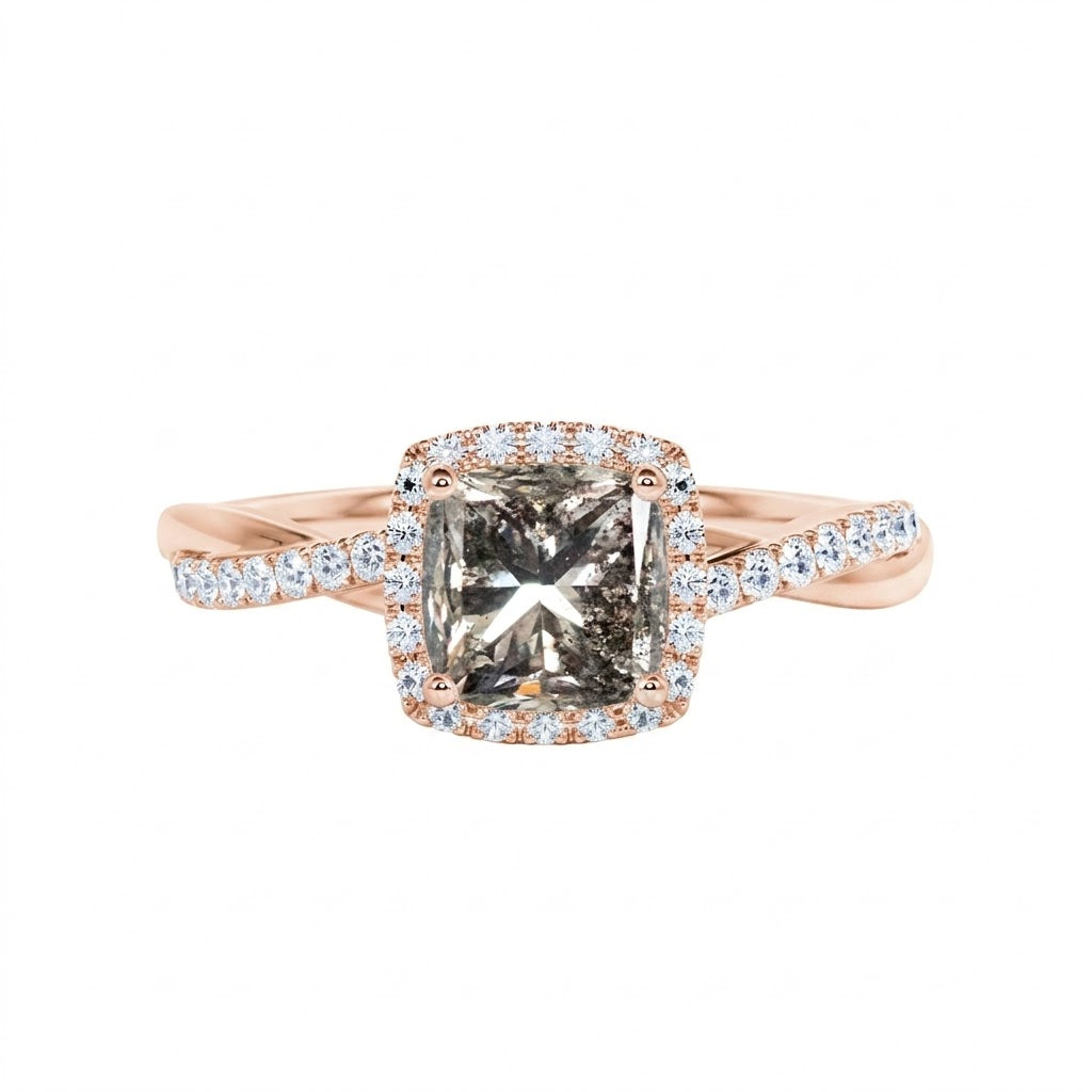 Twisted 1 Ct Princess Cut Salt and Pepper Diamond Engagement Ring