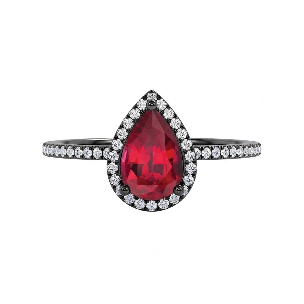 Pave 1.25 ct Pear Lab Ruby Halo Engagement Ring