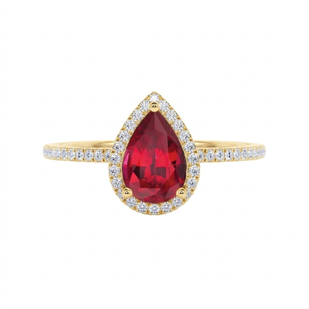 Pave 1.25 ct Pear Lab Ruby Halo Engagement Ring