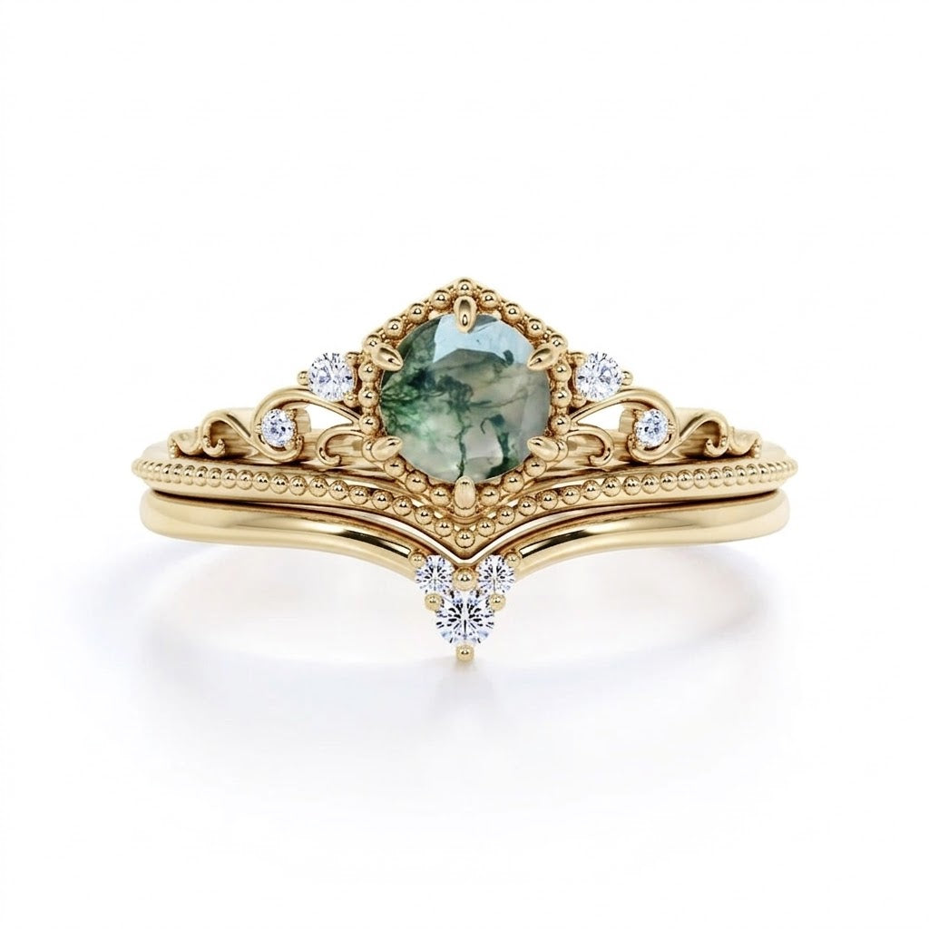 0.75 Carat Round Cut Moss Agate Milgrain Bridal Set