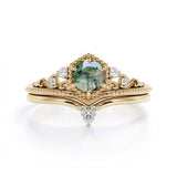 0.75 Carat Round Cut Moss Agate Milgrain Bridal Set