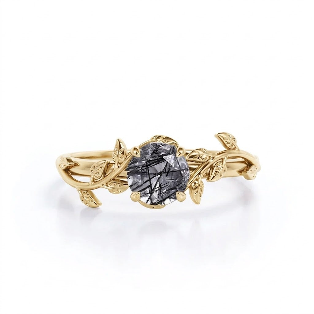 1 ct Round Black Rutilated Quartz Leaf Engagement Ring