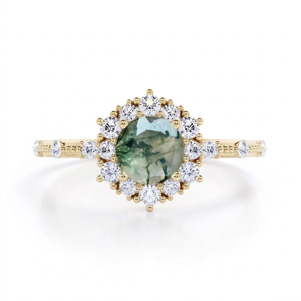 Floral Cluster 1.20 ct Round Moss Agate Engagement Ring