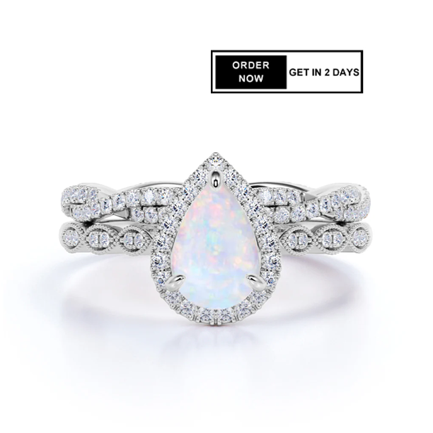 1.5 Ct Pear Lab Opal Art Deco Bridal Set
