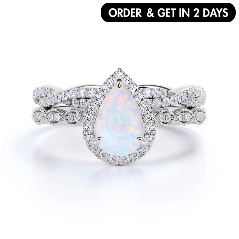 1.5 Ct Pear Lab Opal Art Deco Bridal Set