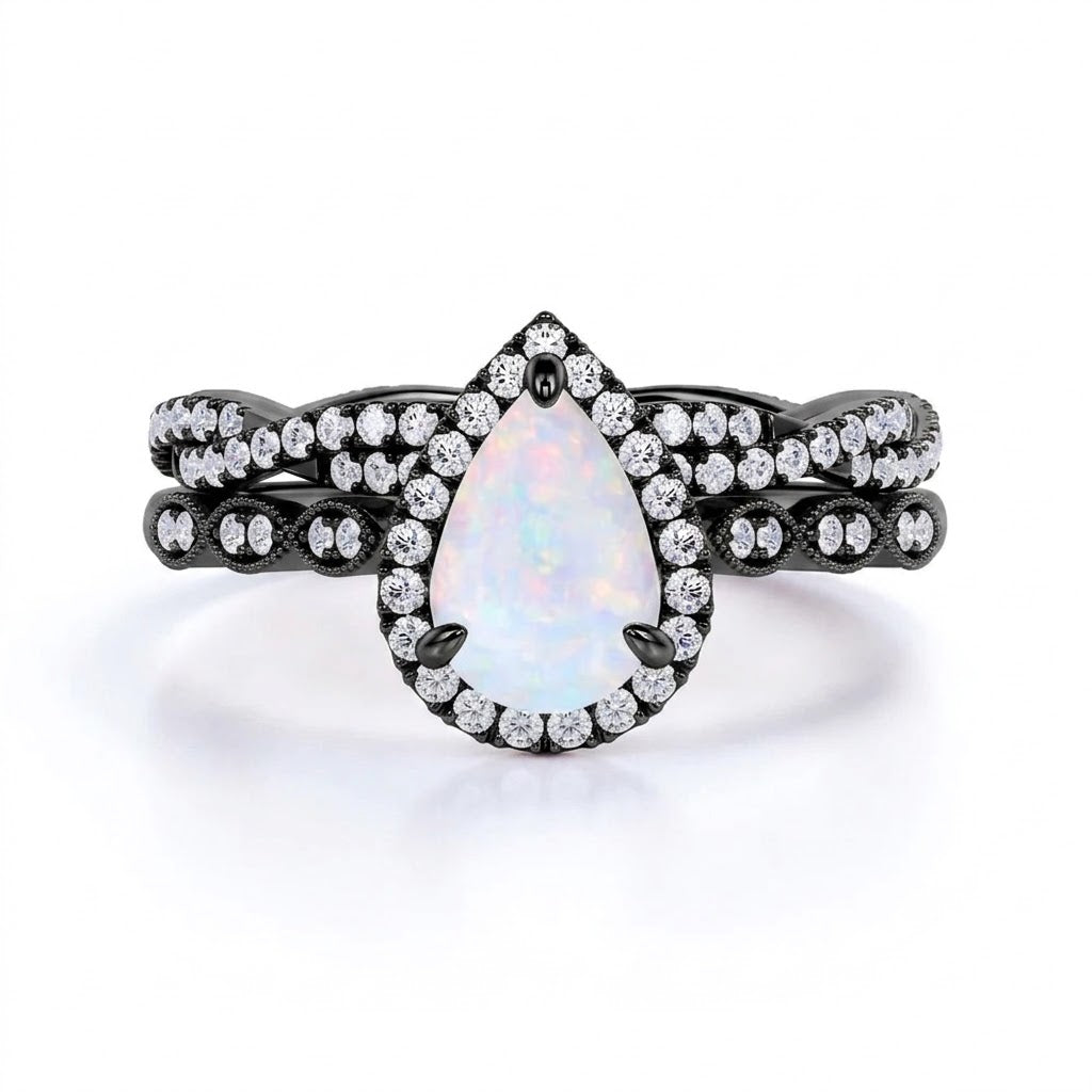 Vintage 1.5 Ct Pear Cut Lab Opal Bridal Set