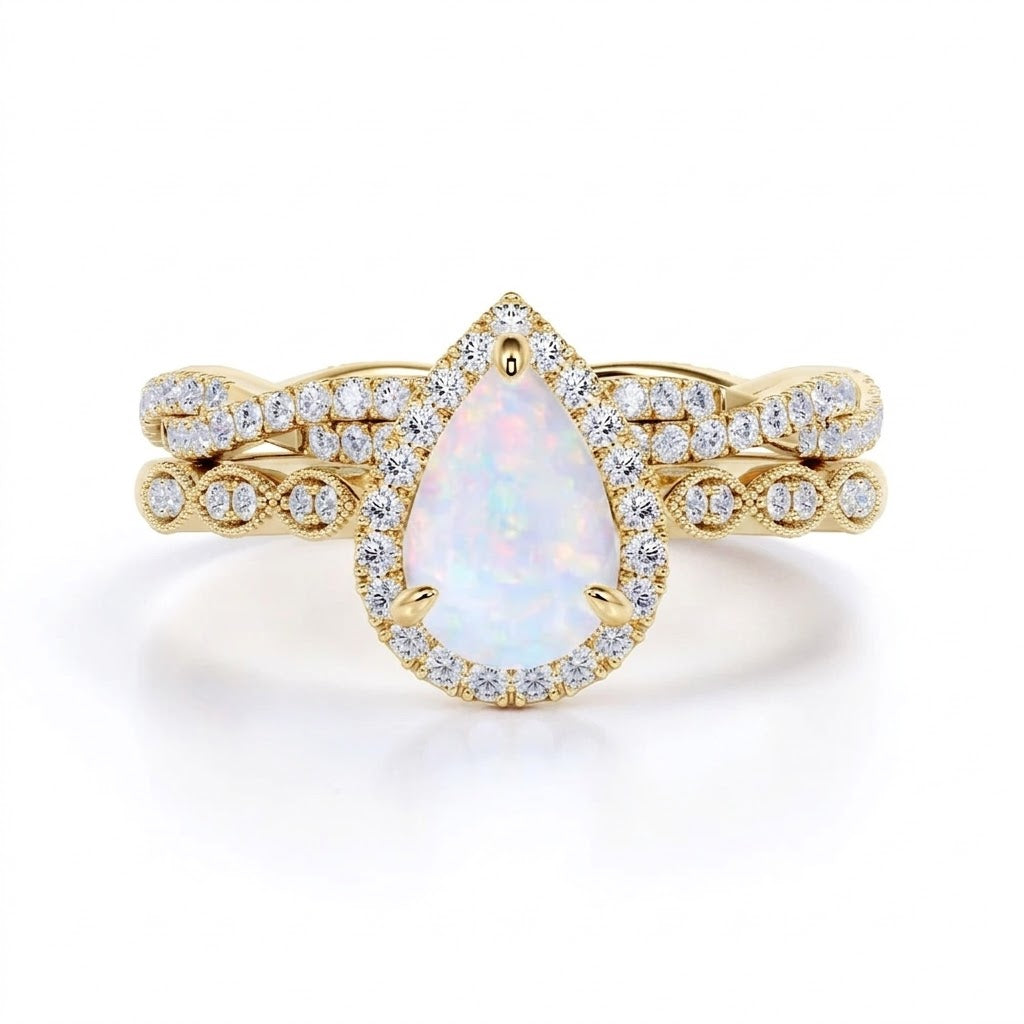 Vintage 1.5 Ct Pear Cut Lab Opal Bridal Set